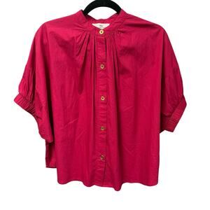 Never A Wallflower Elastic Sleeve Top Pink Button Front Pure Cotton Womens XS